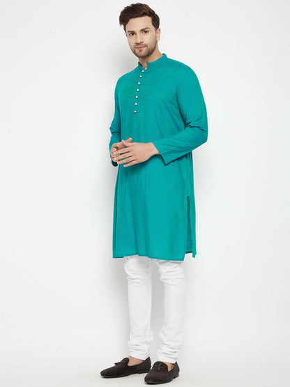 Even Apparels Green Viscose Long Men's Kurta With Band Collar