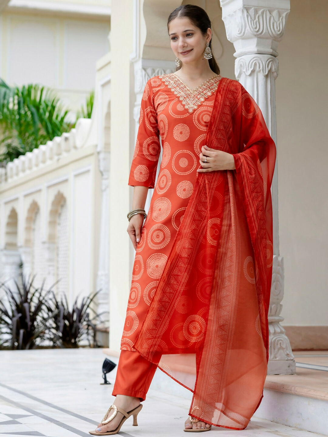 The52 Orange Women's Gorgeous Rayon Embroidered Straight Kurta with Pant And Dupatta Set