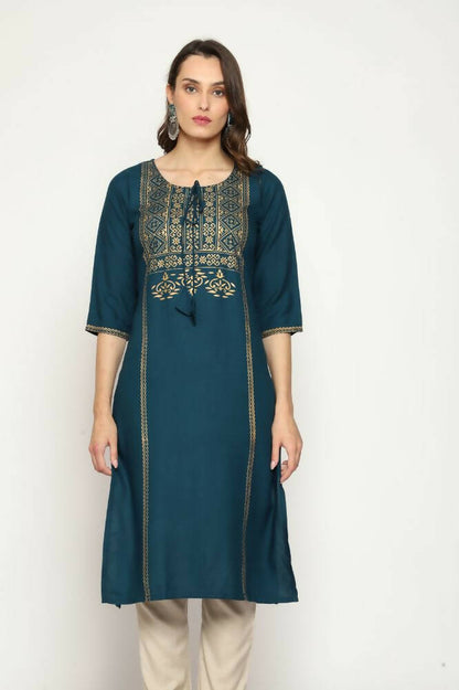 Maai Rayon Hand Printed Kurta Navy