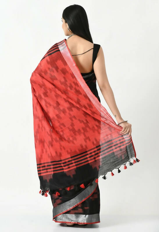 Mominos Fashion Moeza Black & Red Bhagalpuri Handloom Ikat Pure Cotton Saree with unstitched Blouse piece