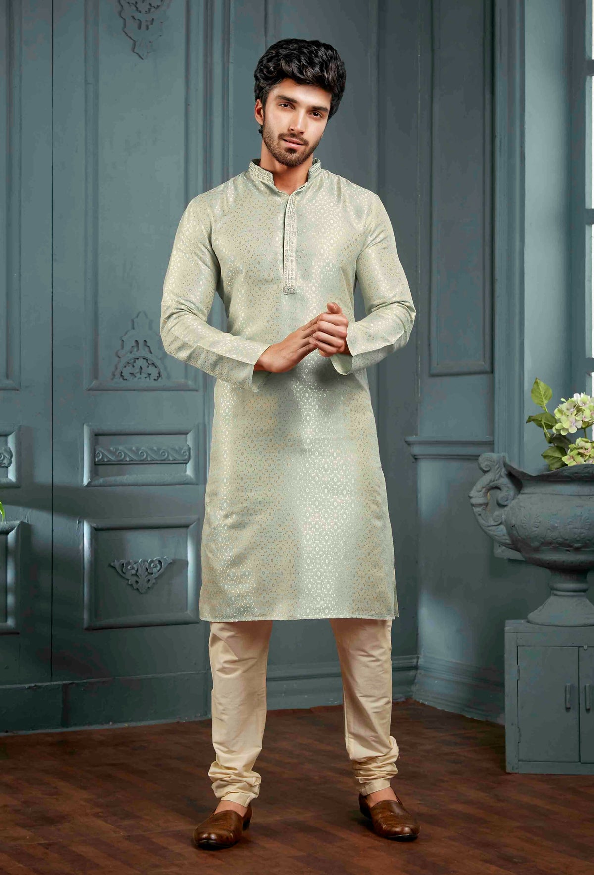 Joban Fashion Men's Grey Poly Jacquard Kurta Pajama