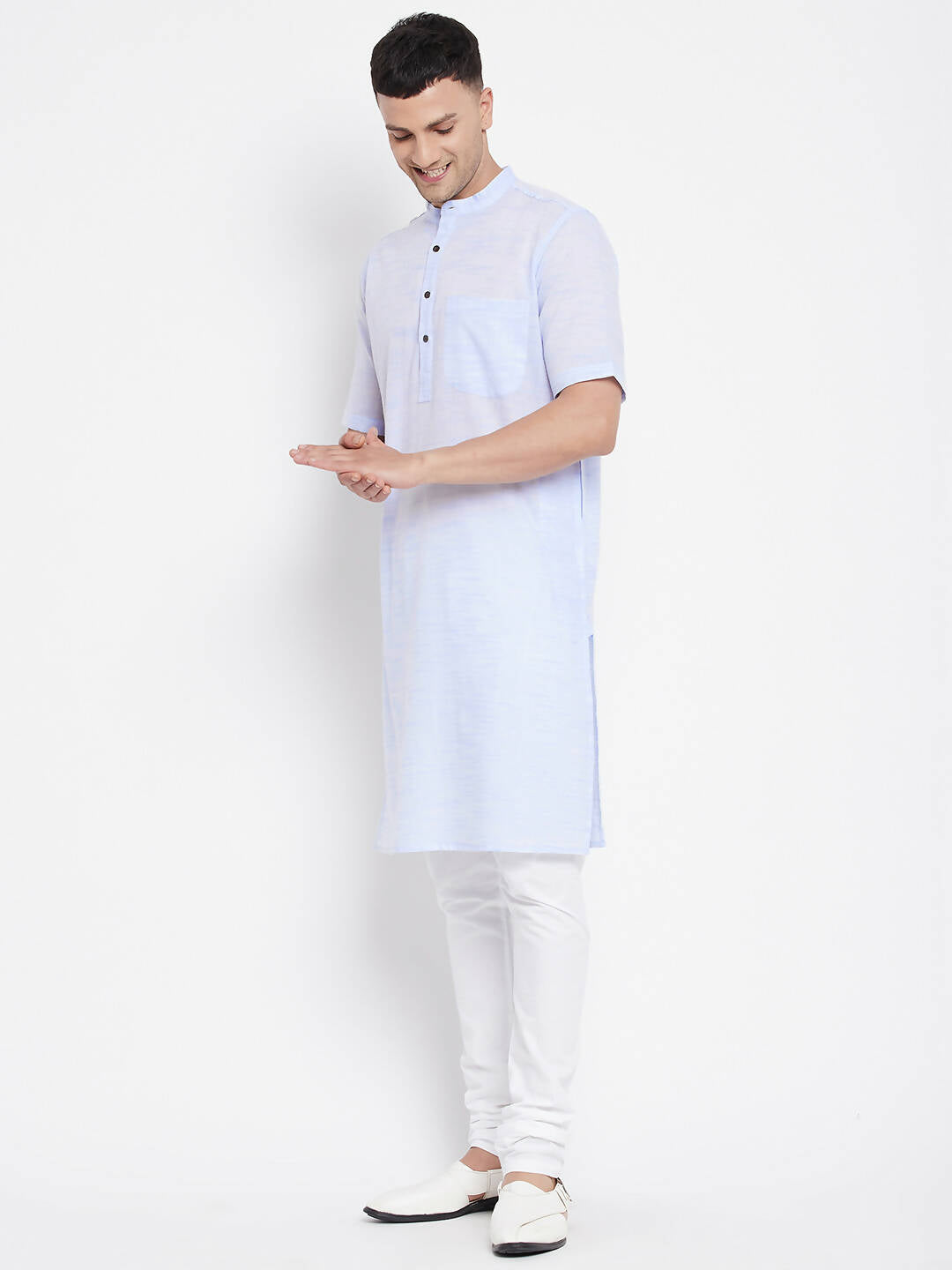 Even Apparels Blue Color Pure Cotton With Band Collar Men's H/S Kurta