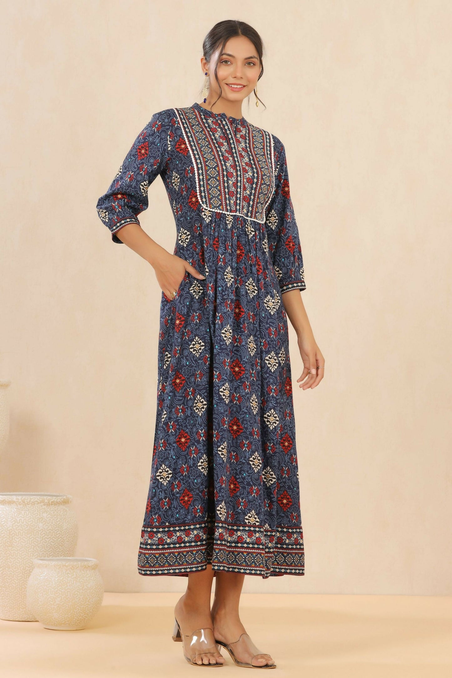 Juniper Indigo Floral Printed Rayon Maxi dress with Lace Work