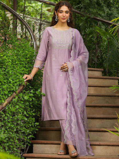 Janasya Lavender Silk Blend Solid Kurta,Bottom & Dupatta