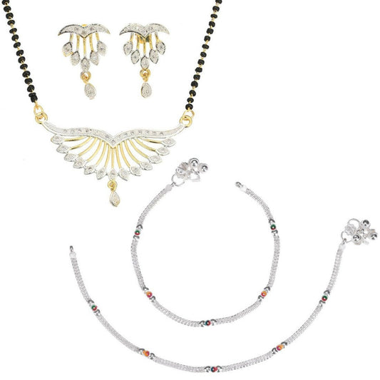 AanyaCentric Gold-Polished Mangalsutra Pendant Earring Set & Silver Plated Anklet