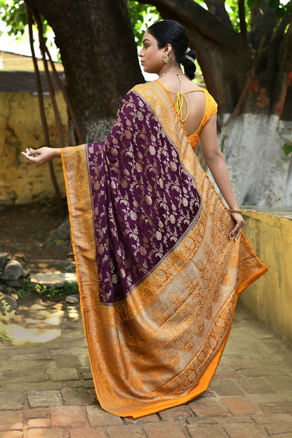 Joban Fashion Purple Crepe Chiffon Pure Handloom Banarasi Silk Saree