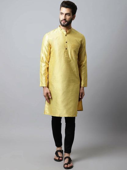 Even Apparels Yellow Color Art Silk Banarsi Silk Men's Kurta With Band Collar (BS017)