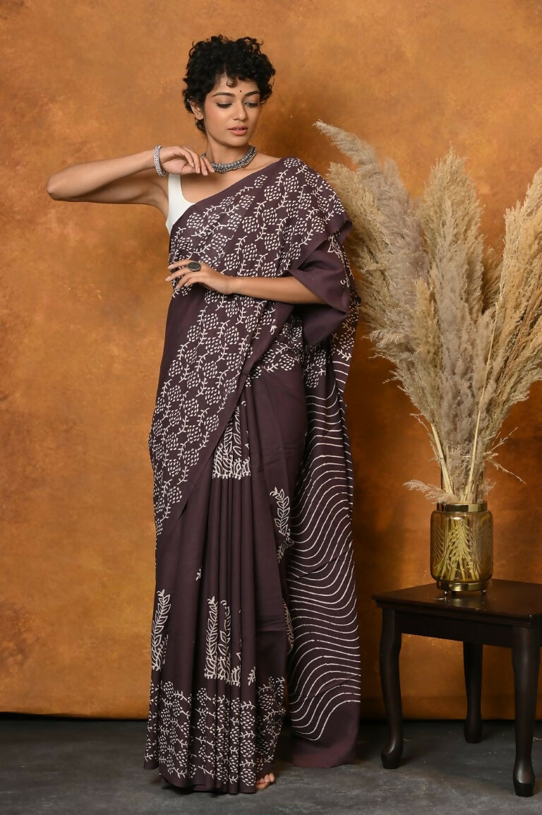 Very Much Indian Handblock Printed Cotton Saree With Natural Dyes - Brown