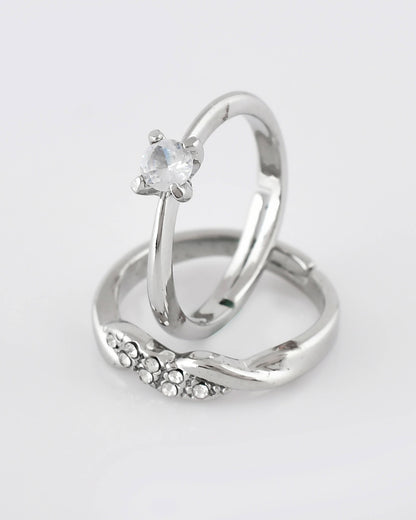 VOJ Stainless Steel Cubic Zirconia Silver Plated Adjustable Ring Set for Couple