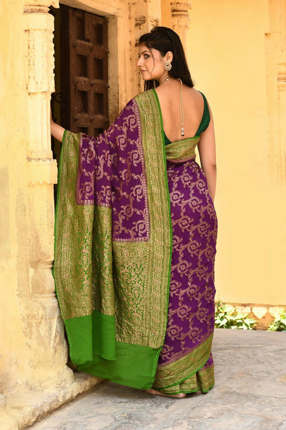 Joban Fashion Purple Crepe Chiffon Pure Handloom Banarasi Silk Saree