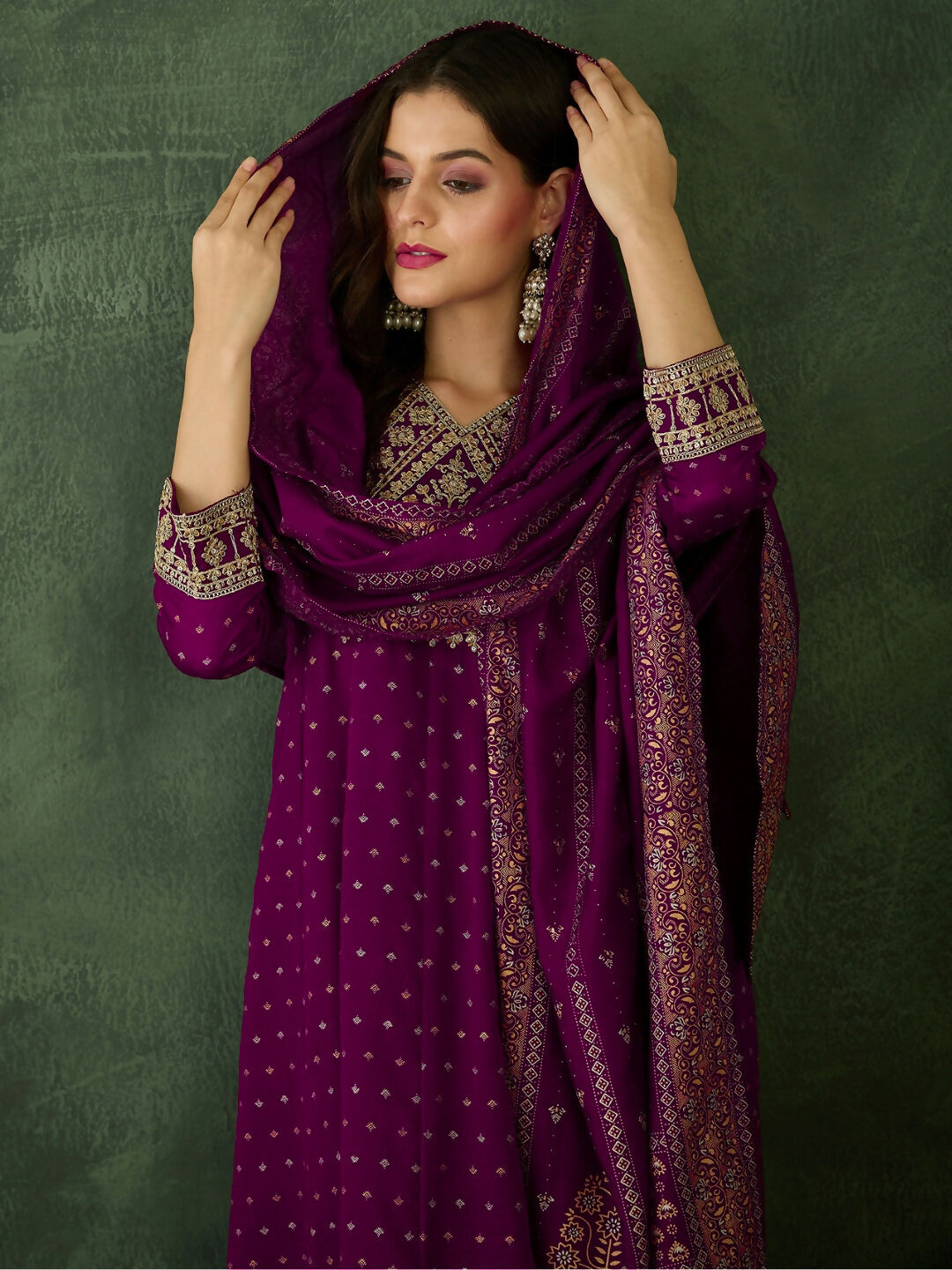 The52 Wine Women's Gorgeous Embroidered Work Vichitra Silk Fabric Flared Kurta Pant and Dupatta Set