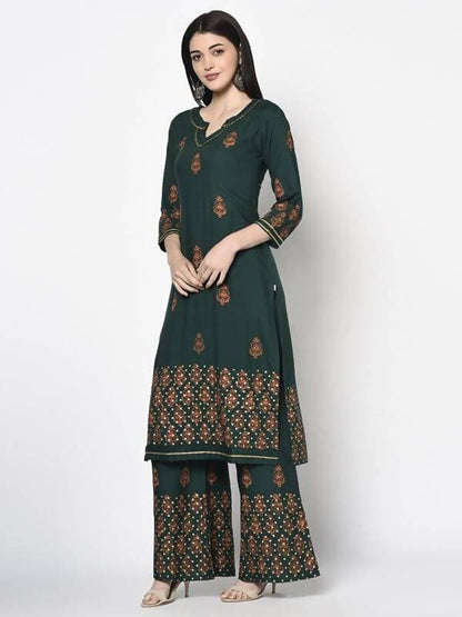 Aniyah Rayon Bottle Green Color Block Print Straight Kurta Palazzo Set (AN-217K)