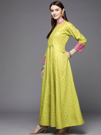 Ahalyaa Women Lime Yellow & Pink Printed Pleated A-Line Maxi Ethnic Dress