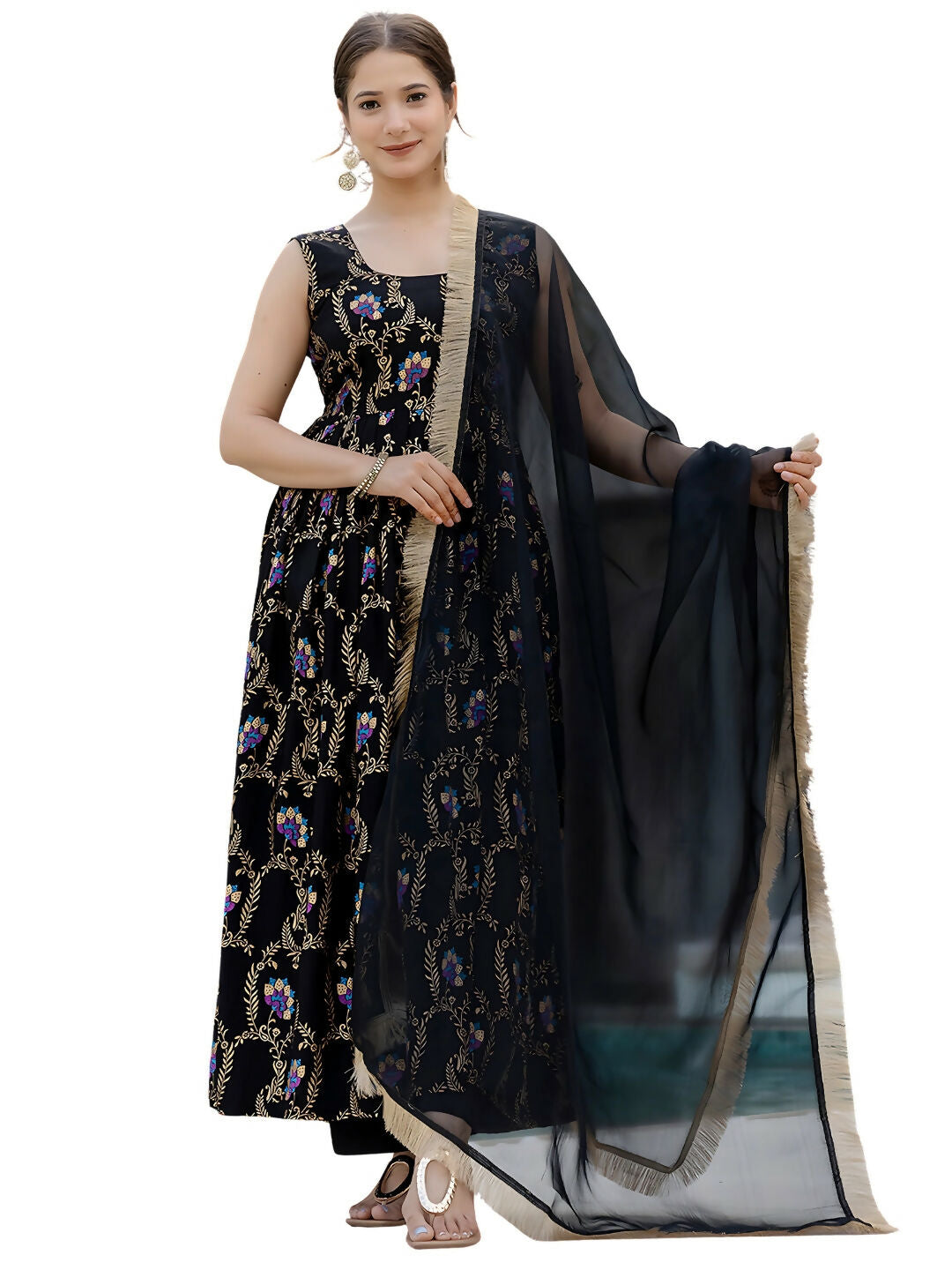 The52 Black Women's Gorgeous Printed Muslin Fabric Flared Kurta Pant and Dupatta Set