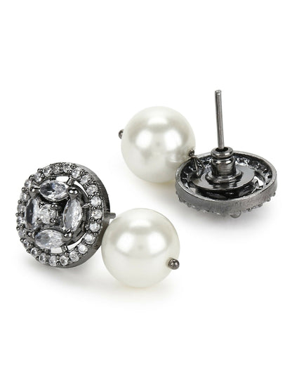 Pearl Stone Earrings in Silver Tone- Ruby Raang
