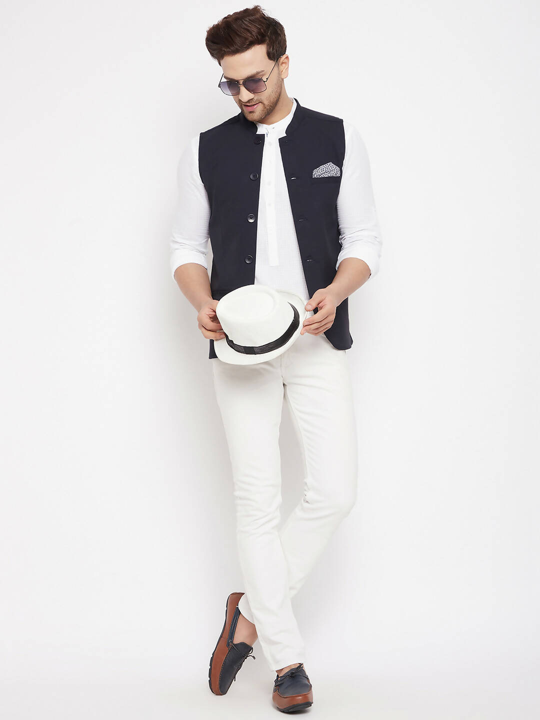 Even Apparels Navy Merino Men's Nehru Jacket-Contrast Lining-Inbuilt Pocket Square