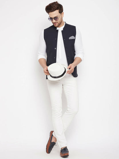 Even Apparels Navy Merino Men's Nehru Jacket-Contrast Lining-Inbuilt Pocket Square