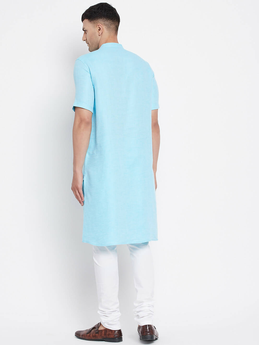 Even Apparels Blue Color Pure Cotton Men's H/S Kurta With Band Collar