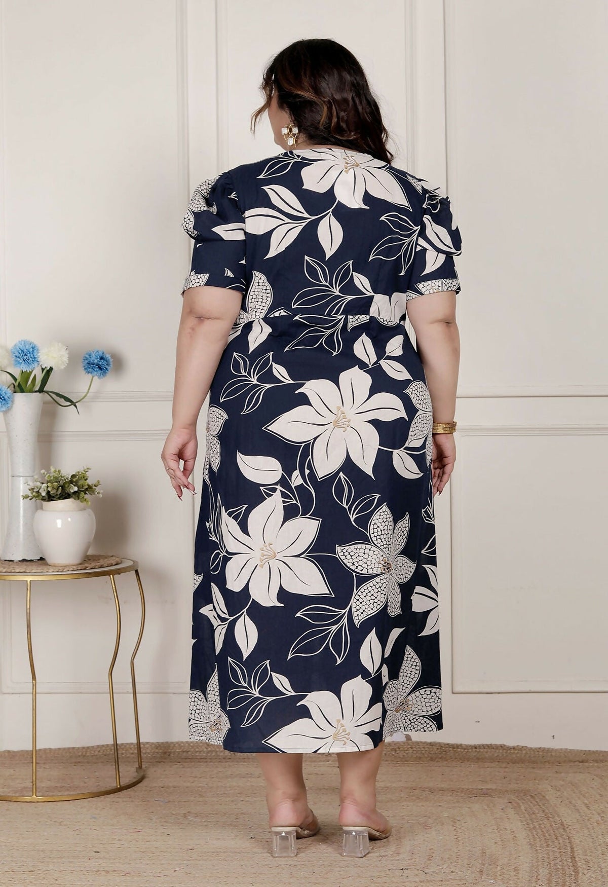 Miravan Womens Plus Size Blue Flower Printed Puff Sleeve Cotton Butterfly Maxi Dress