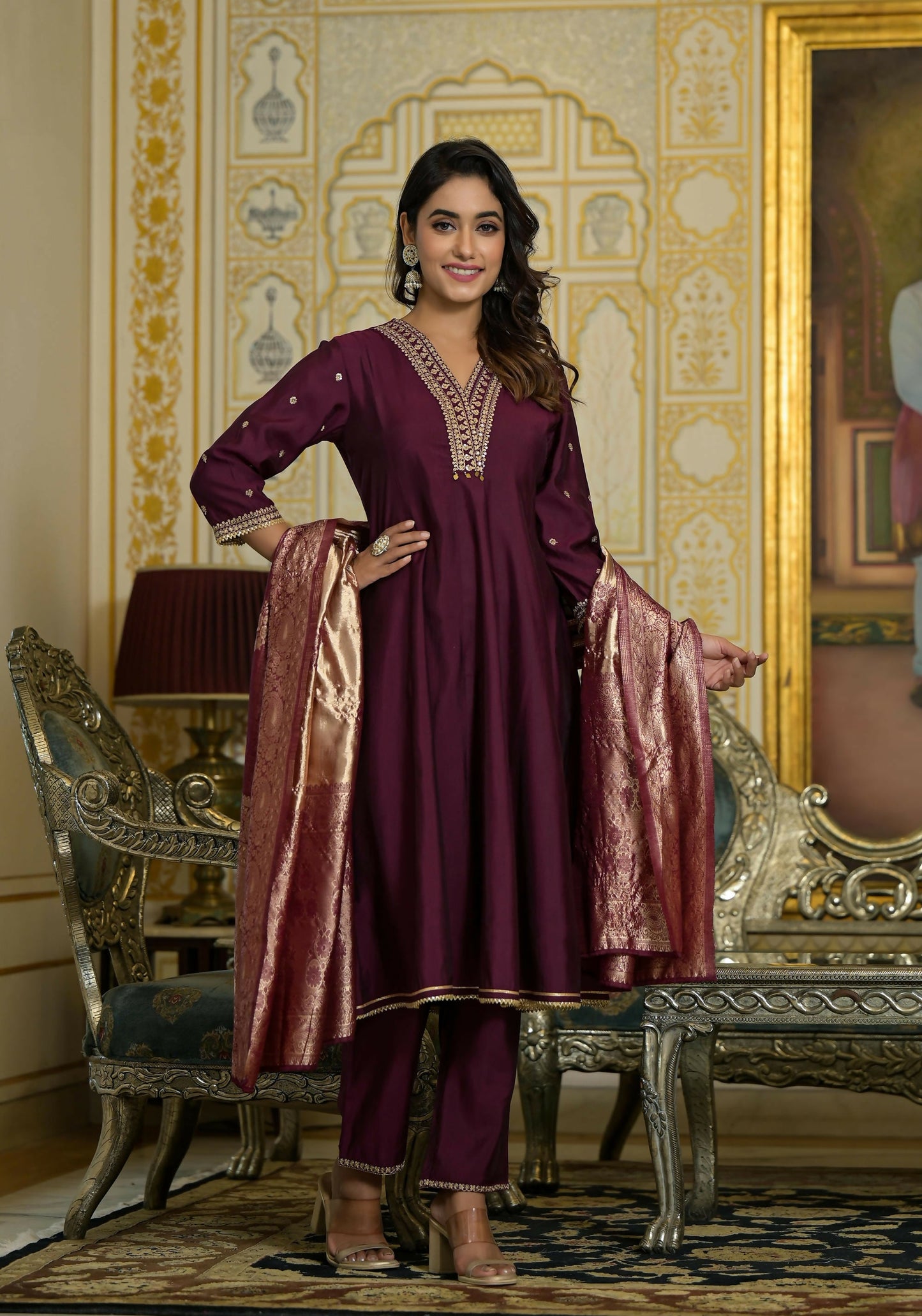 Juniper Women's Wine Zari Embroidered Viscose Kurta Pant And Dupatta Set With Sequins & Lace