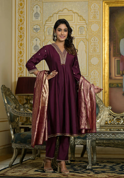 Juniper Women's Wine Zari Embroidered Viscose Kurta Pant And Dupatta Set With Sequins & Lace