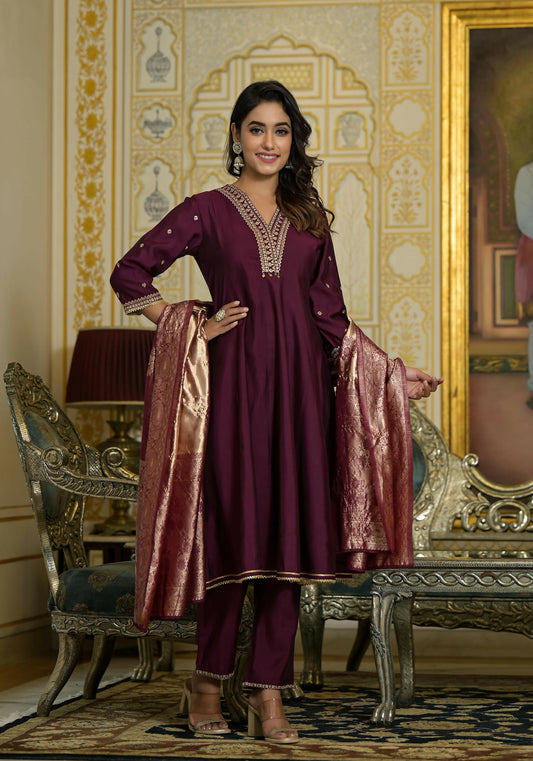 Juniper Women's Wine Zari Embroidered Viscose Kurta Pant And Dupatta Set With Sequins & Lace