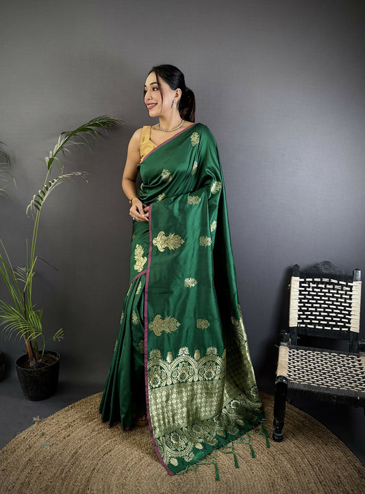 Joban Fashion Dark Green Banarasi Lichi Silk Gold Zari Meena Saree