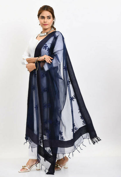 Mominos Fashion Moeza Women's Orgenza All Over Chikan Work Navy Blue Dupatta