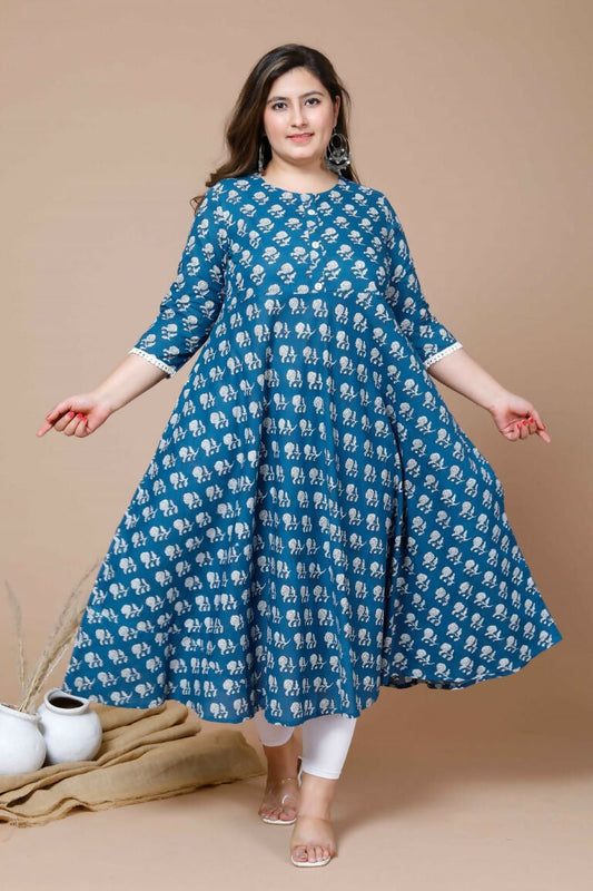 Miravan Women's Plus Size Blue & White Ethnic Motifs Printed Cotton Anarkali Kurta