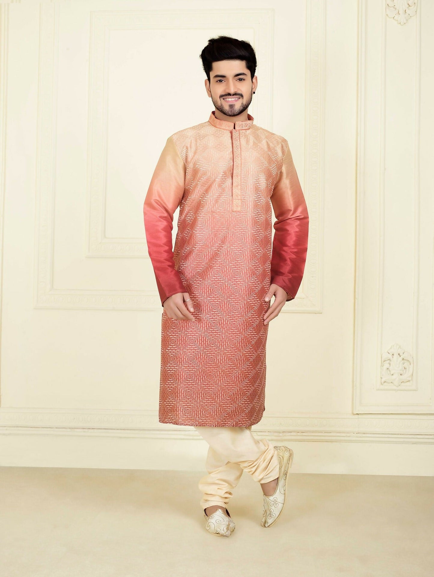 Joban Fashion Peach Slub Silk Embroidery Kurta Pyjama