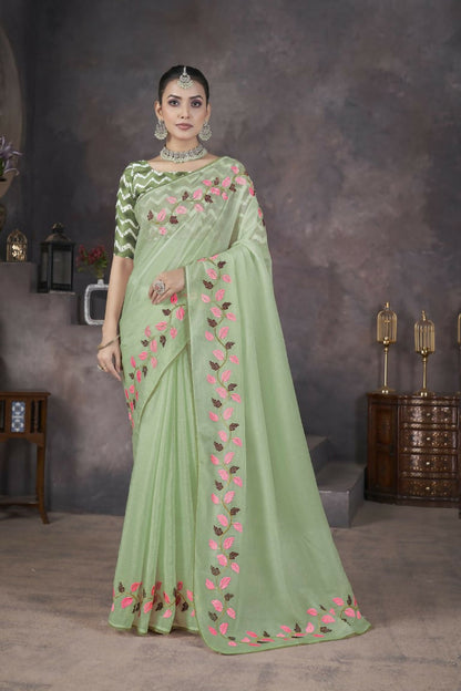 Vastranavya Green Soft Crush Georgette Thread Embroidery work of Leaf Pattern with Patched Lace Border Saree