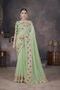 Vastranavya Green Soft Crush Georgette Thread Embroidery work of Leaf Pattern with Patched Lace Border Saree