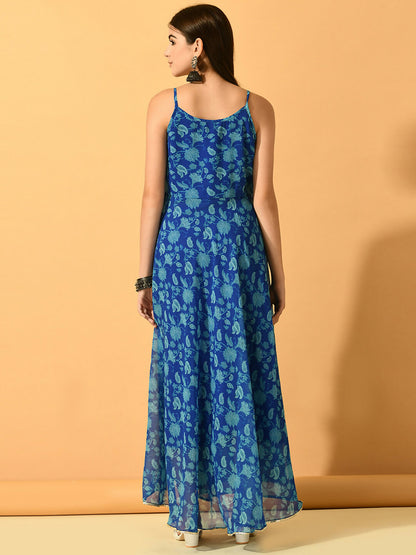 Myshka Women's Blue Fit and Flare Party Dress