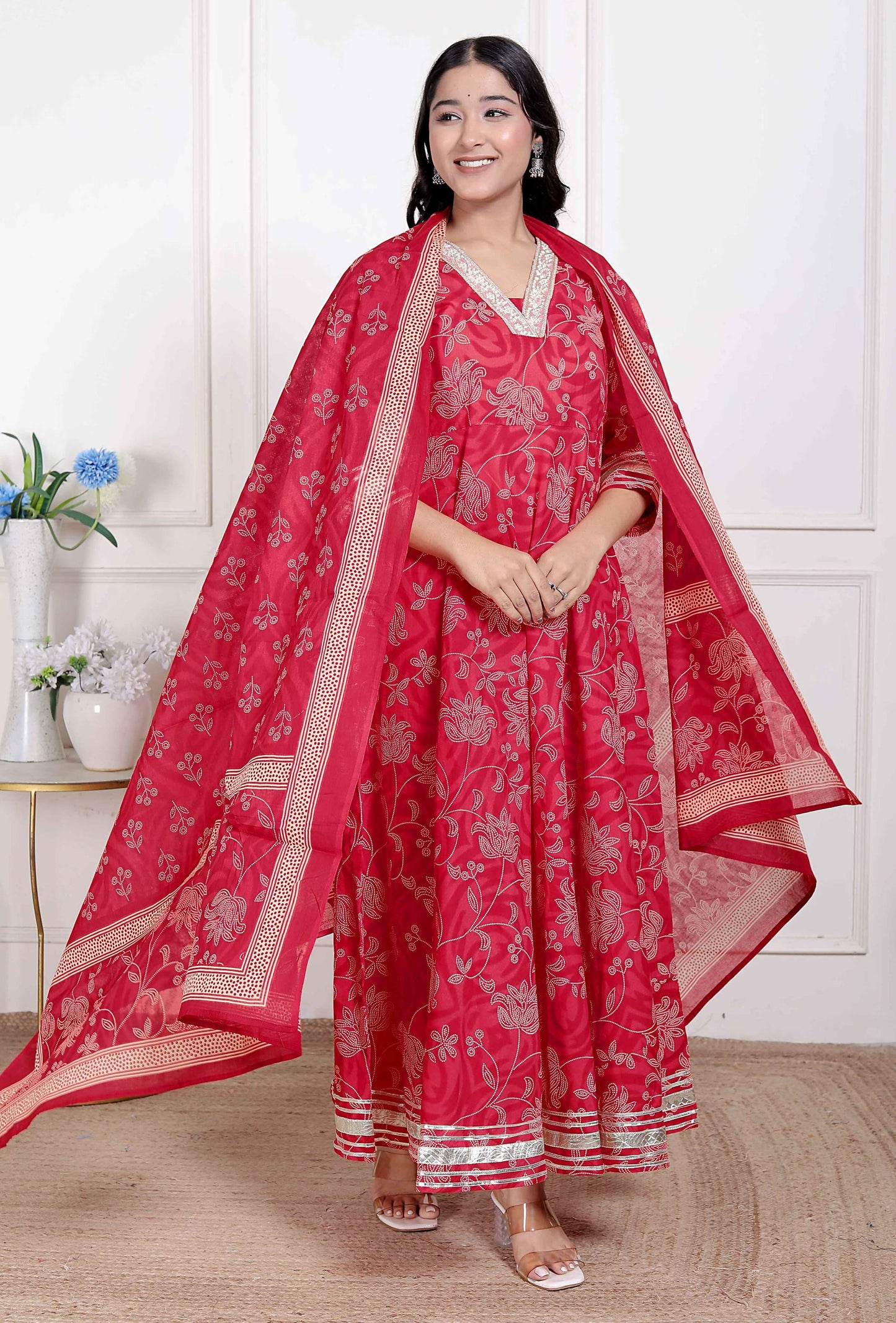 Miravan Women's red Embroidered Anarkali Kurta and Dupatta 