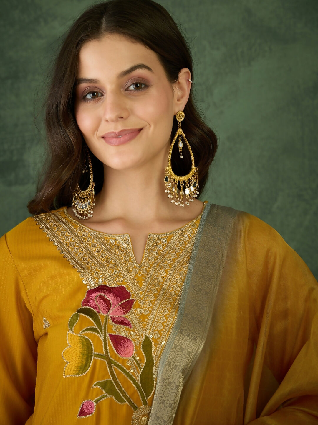 The52 Mustard Women's Beautiful Rayon Fabric Embroidered Work Straight Kurta, Pant and Dupatta Set