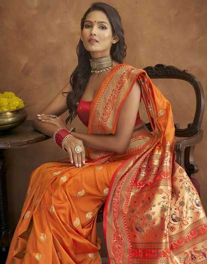 Vastranavya Orange Soft Paithani Silk Saree With Gold Zari Weaving Motifs With Matching Blouse Fabric