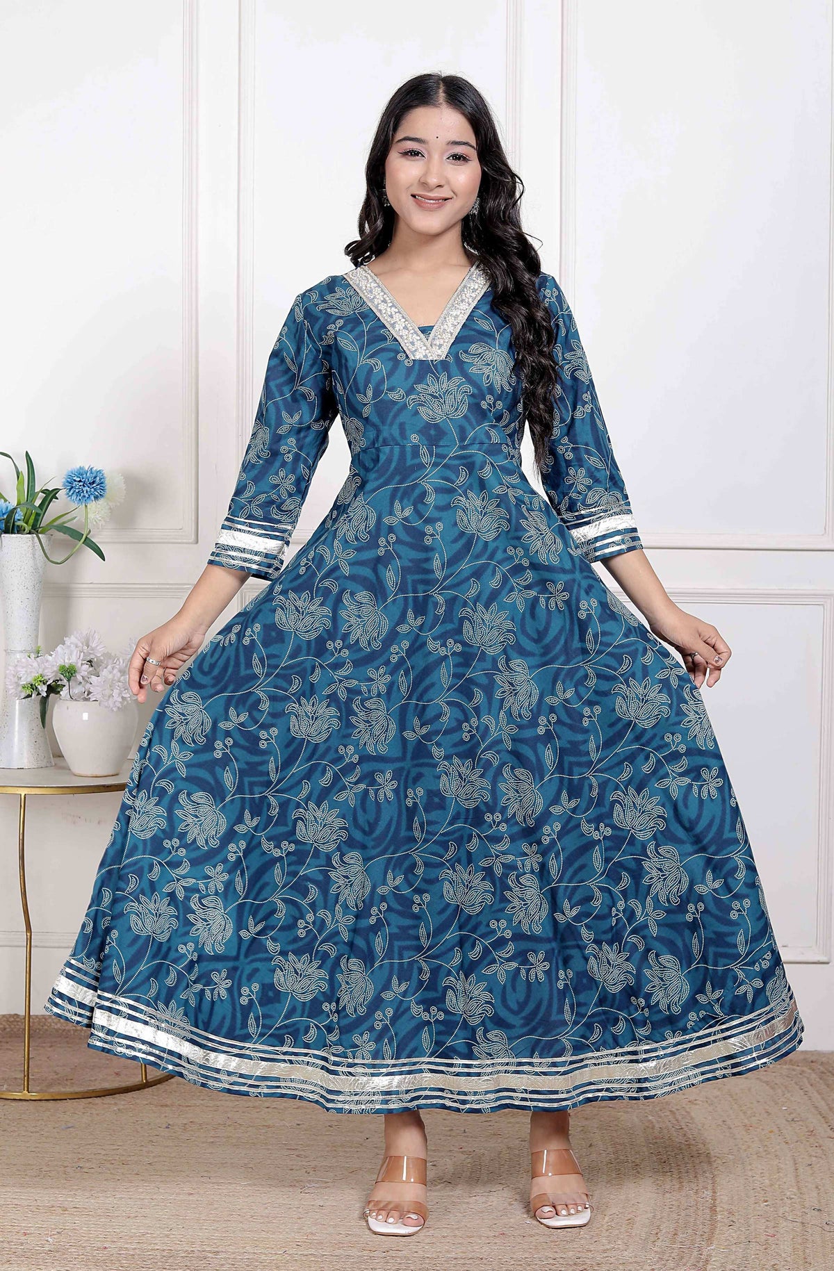 Miravan Women's Blue Cotton Embroidered Neck Anarkali Kurta