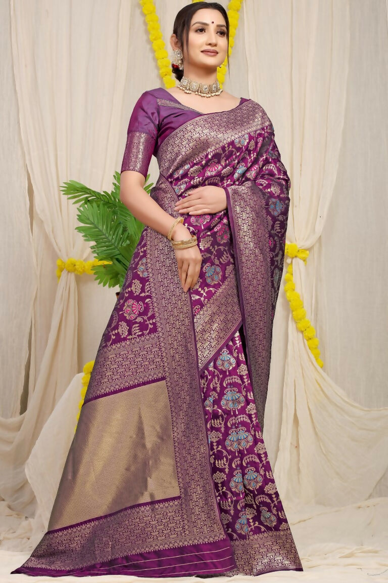 Jyoti Fashion Women's Wine Kanjivaram Silk Zari Woven Saree with Blouse