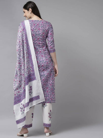 Yufta Women Lavender & White Ethnic Motifs Printed Kurta with Trouser & Dupatta