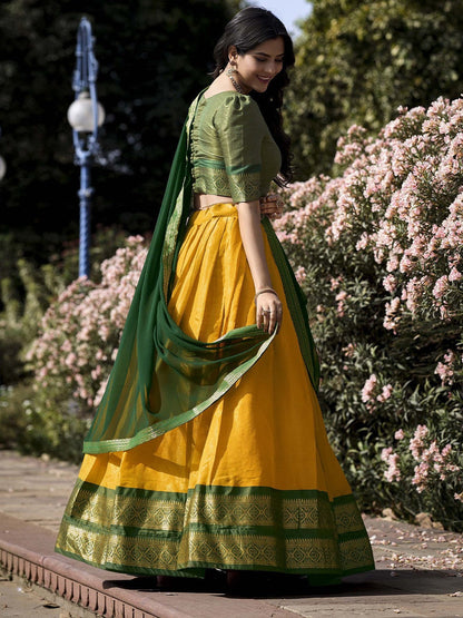 Lorenvalley Yellow Kanchipuram Zari Weaving Work Lehenga Choli with Dupatta