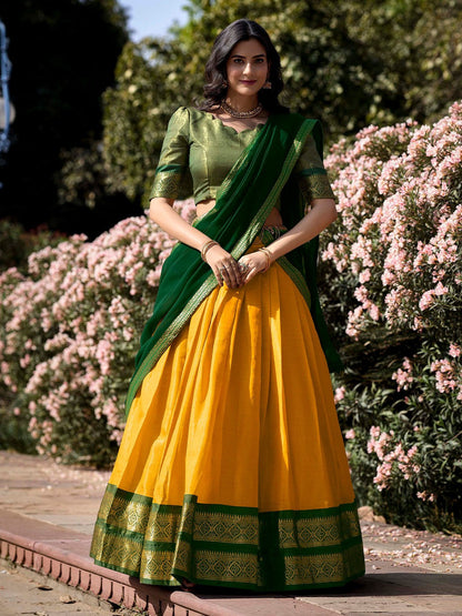 Lorenvalley Yellow Kanchipuram Zari Weaving Work Lehenga Choli with Dupatta