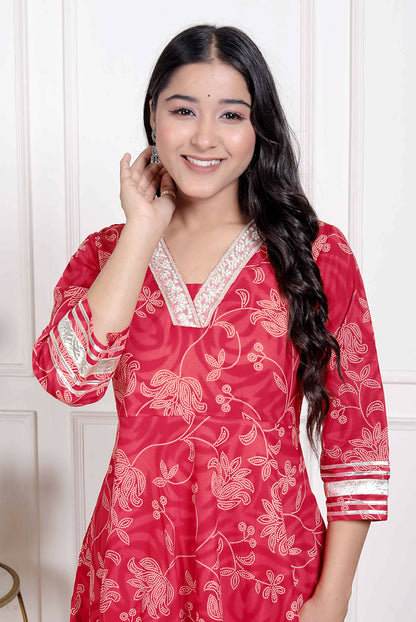 Miravan Women's Red Jaipuri Printed Cotton Ethnic Anarkali Kurta