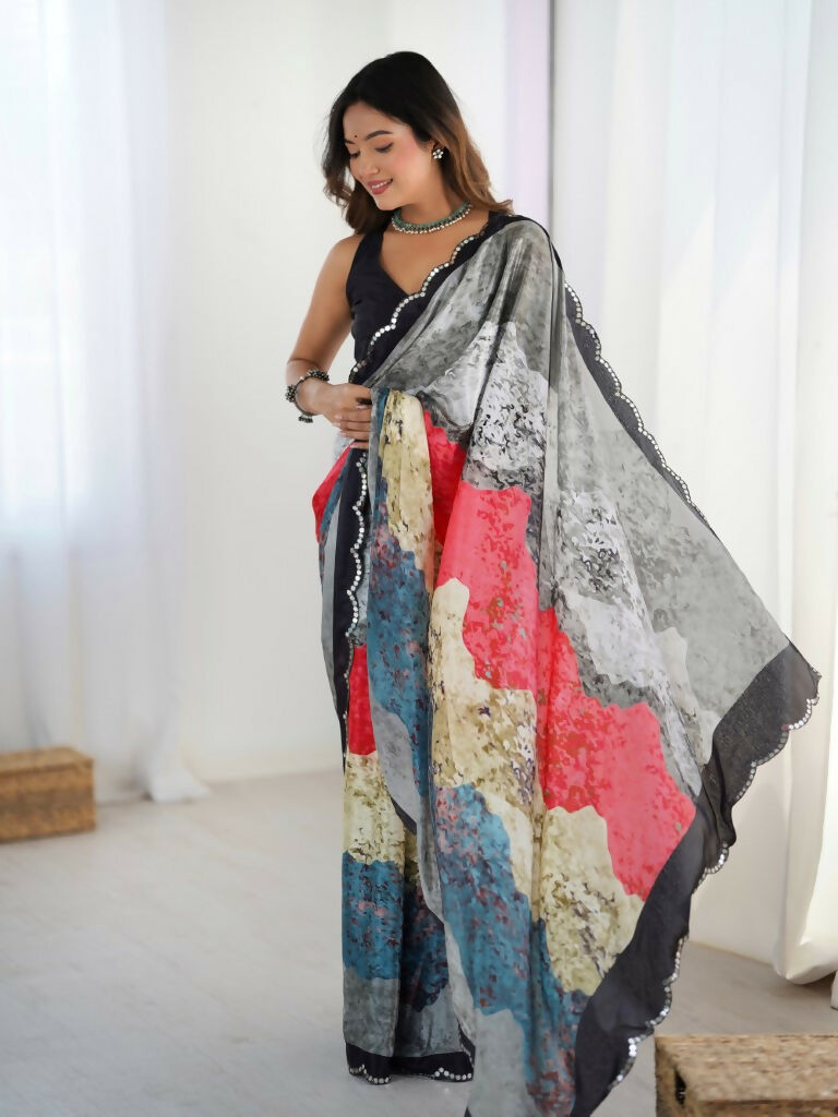 Grey Chinon Designer Digital Printed,Mirror Cut Work Saree - Sohni