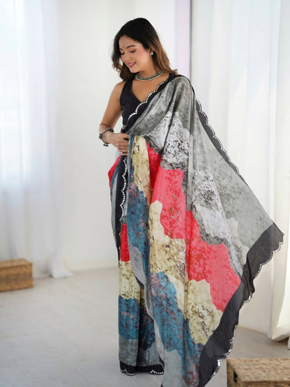 Grey Chinon Designer Digital Printed,Mirror Cut Work Saree - Sohni