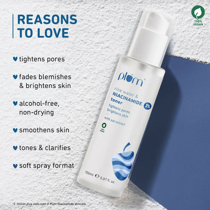 Plum 3% Niacinamide Alcohol-Free Toner With Rice Water and 10% Niacinamide Brightening Face Serum Combo