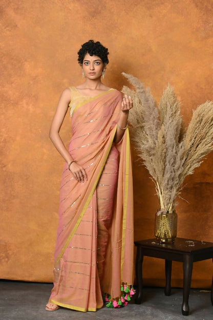 Very Much Indian Designer Mul Cotton Handloom Saree with Sequins - Peach