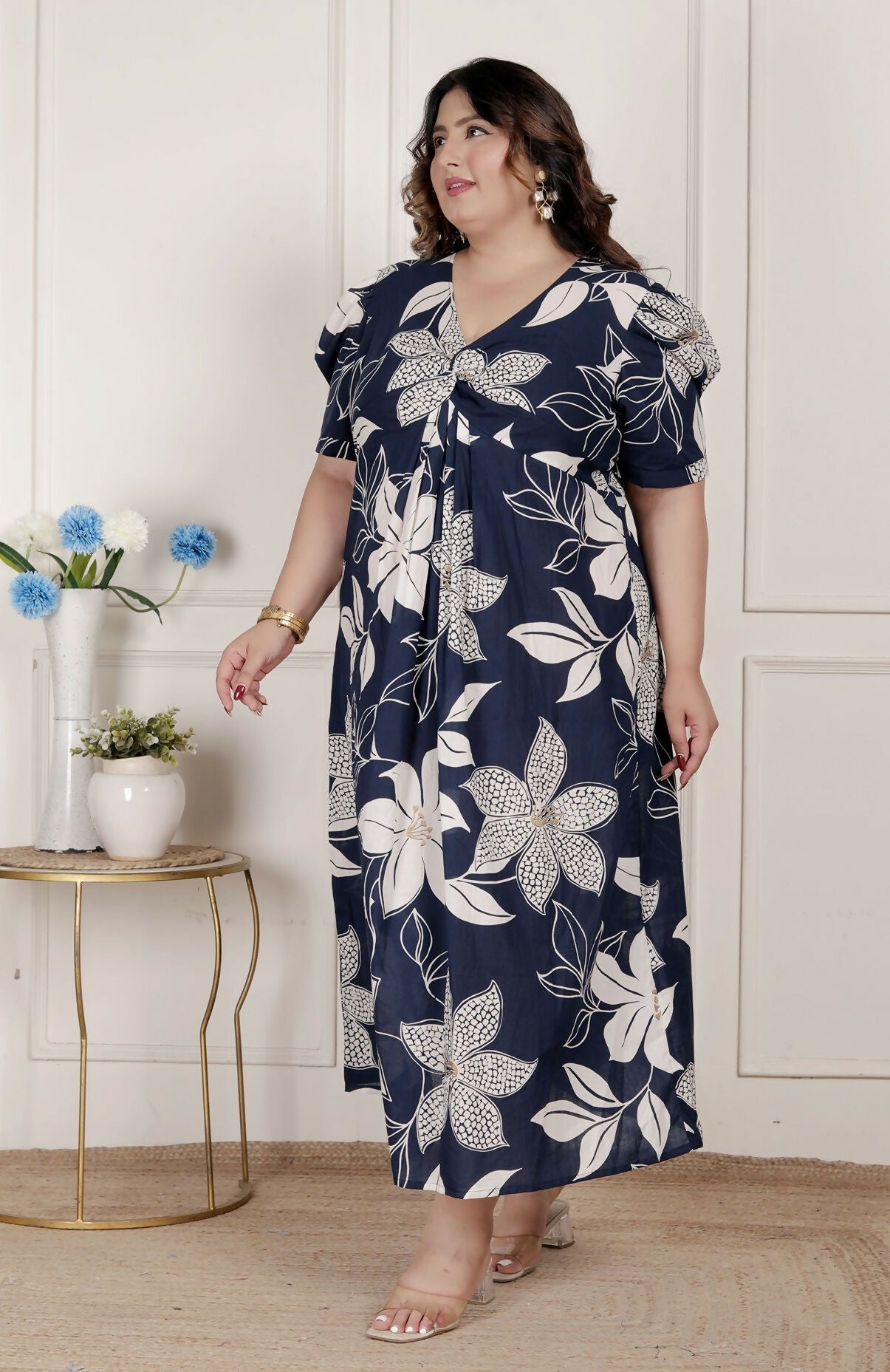 Miravan Womens Plus Size Blue Flower Printed Puff Sleeve Cotton Butterfly Maxi Dress