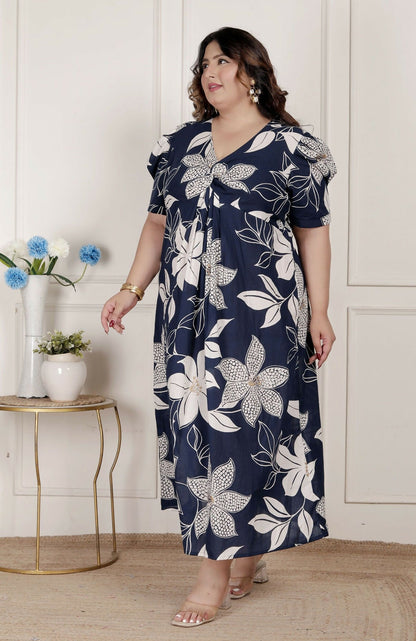 Miravan Womens Plus Size Blue Flower Printed Puff Sleeve Cotton Butterfly Maxi Dress