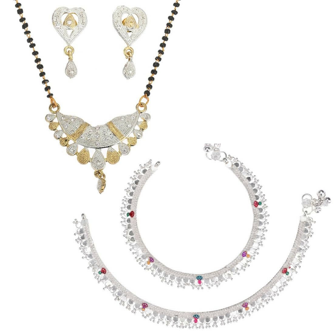 AanyaCentric Gold-Polished Mangalsutra Pendant Earring Set & Silver Plated Anklet