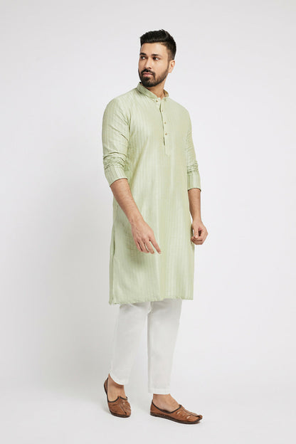Ethnic India Green Men's Kurta Striped Polyester